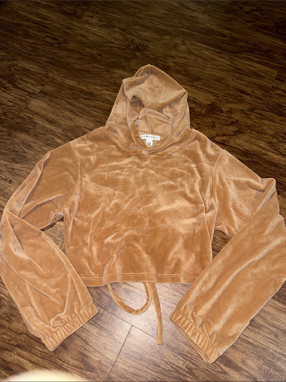 eye candy Velvet Cropped Hoodie Sweater in Camel Brown
